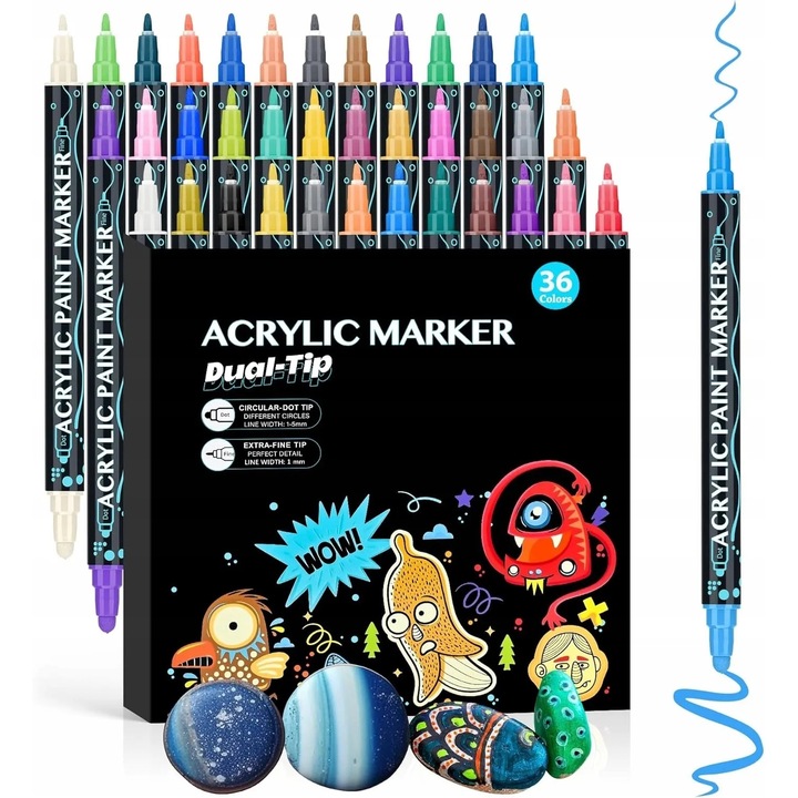 Set Markere Acrilice 36 Bucati Cu Varf Dublu, Kanza, Cerneala Rezistenta La Apa, Uscare Rapida, Sigura Si Netoxica, Varf Dual Varf Subtire 0, 7 mm + Rotund 3 mm, Potrivite Pentru Multe Suprafete Sticla, Metal, Hartie, Plastic, Multicolor, 36 Bucati