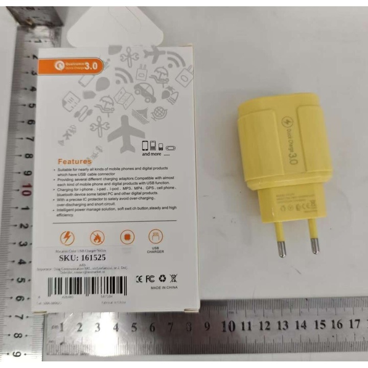 Produs premium - Incarcator Rapid QC3.0, Southern Sky, 3 Porturi USB, 2.1A, 18W, din ABS, Protectie Supraincalzire, Gama Macarons, Galben