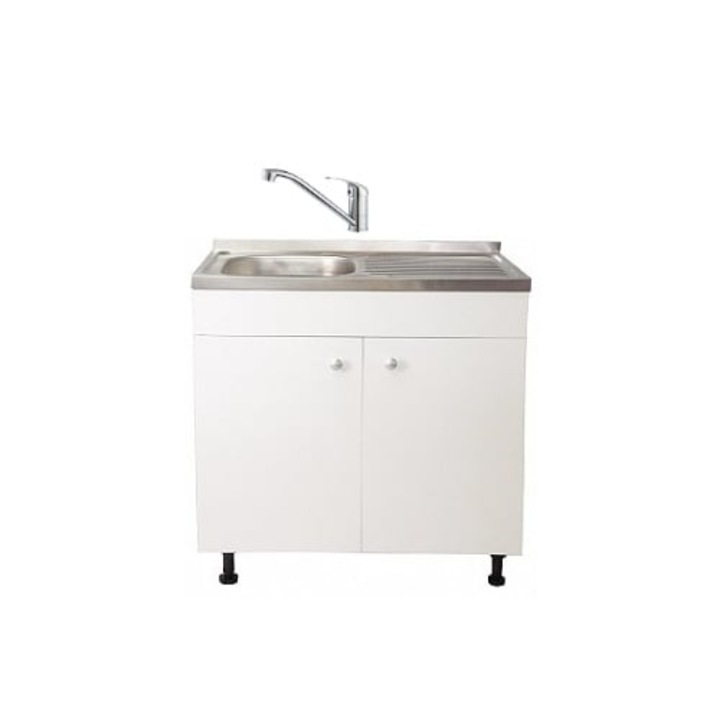 Set Masca Chiuveta Alba 80 cm X 50 cm X 80 cm, chiuveta inox cuva stanga, baterie tija lunga si sifon scurgere