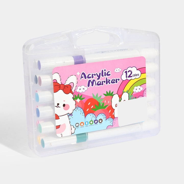 Set 12 markere acrilice colorate, vopsea permanenta pentru pictura pe lemn, piatra, lemn, sticla, ceramica, plastic, textile, Non-Toxice, Arta creativa Copii si Adulti