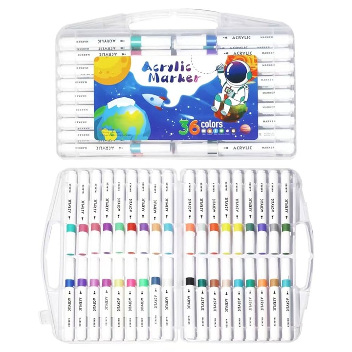 Set 36 markere acrilice colorate, vopsea permanenta pentru pictura pe lemn, piatra, lemn, sticla, ceramica, plastic, textile, Non-Toxice, Arta creativa Copii si Adulti