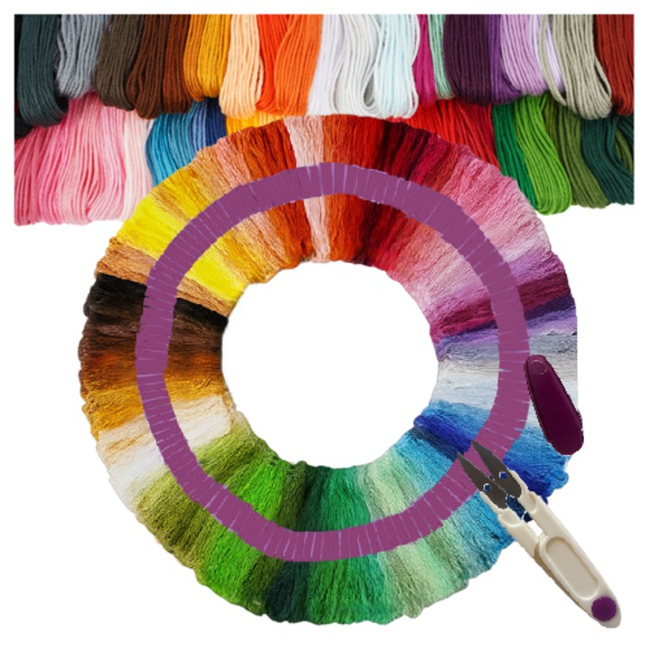 Set 150 de ate colorate si cleste, Zola, pentru broderie, impletituri si proiecte handmade, lungime fir 8 m, poliester, multicolore