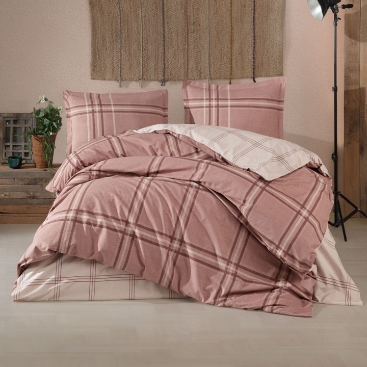 Dupla ágyneműhuzat kockás mintával, 100% pamut ranforce, 4 darab, 240 x 260 cm, Lenzerii Deosebite, Capella V2 Barna