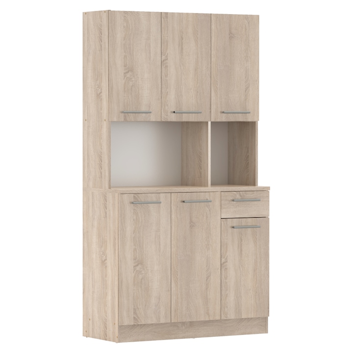Dulap de bucatarie tip bufet, din PAL, culoare stejar sonoma, cu 6 usi si 1 sertar, design modern, cu manere, 100x43, 3x185 cm