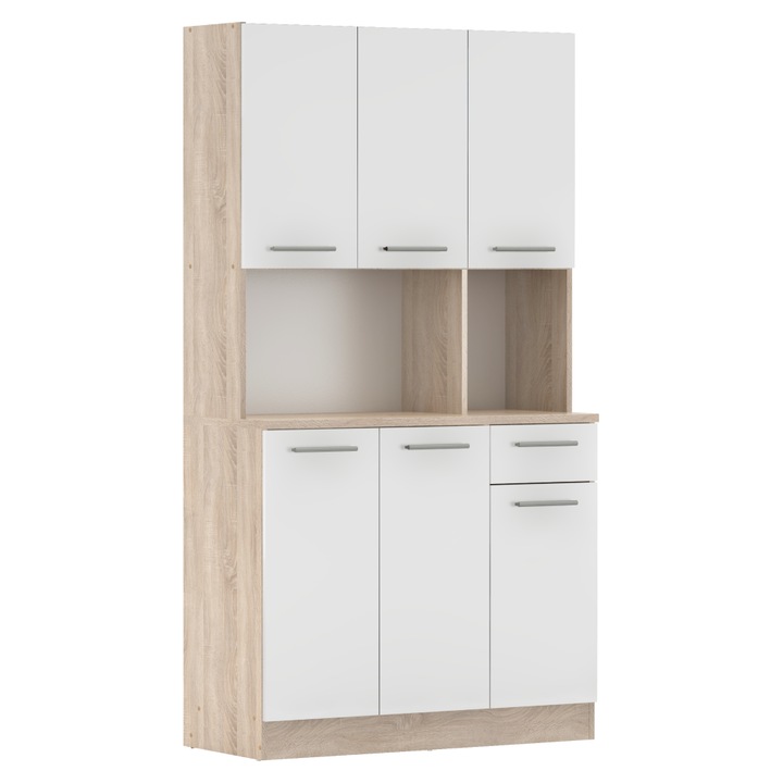 Dulap de bucatarie tip bufet, din PAL, culoare alb/maro, design practic, cu 6 usi si un sertar, cu polite, 100x43, 3x185 cm