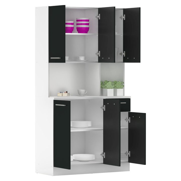 Dulap de bucatarie tip bufet, PAL, 3 usi si un sertar, polite, design practic, culoare negru/alb, 100x43, 3x185 cm