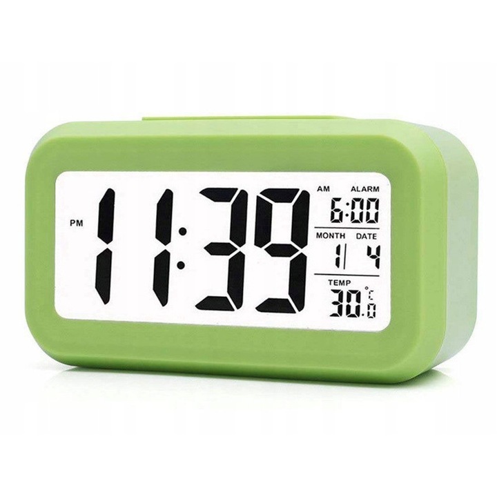 Настолен часовник Volan, многофункционален, със сензор за здрач, зелен, 13.8x4.5x8см