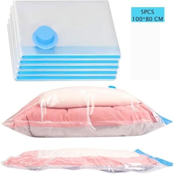 Set de 5 Saci de Depozitare cu Vacuum, 100x80cm, Transparent, pentru Haine, Paturi, Perne