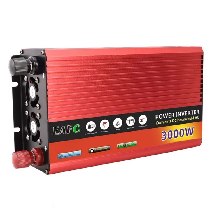 Инвертор 3000W модифицирана синусоида, 12V - 220V, Изходна мощност 1500W-3000W, захранва хладилник, каравана, кемпер, къща, вила, кола, камион, червен