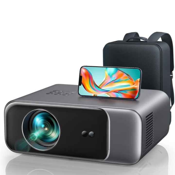 Videoproiector 1080P Full HD, WiFi 6, Bluetooth 5.2, 25000 Lumeni, Focalizare Automata AI, Corectie Trapezoidala 6D, Suport 4K, Rezolutie 1920 x 1080, LCD, LED, HDMI, AV, USB, Mirroring, Zoom, Contrast 20.000:1, Telecomanda, Geanta de Transport, Negru/Gri