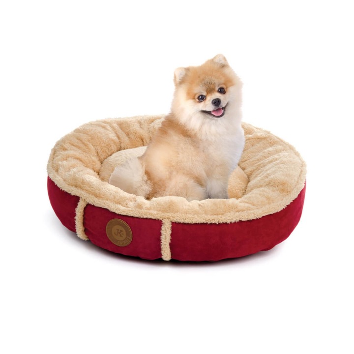 Pat Câini Mici JK, Rotund Pufos Antiderapant Roșu Bej, 50x13 cm