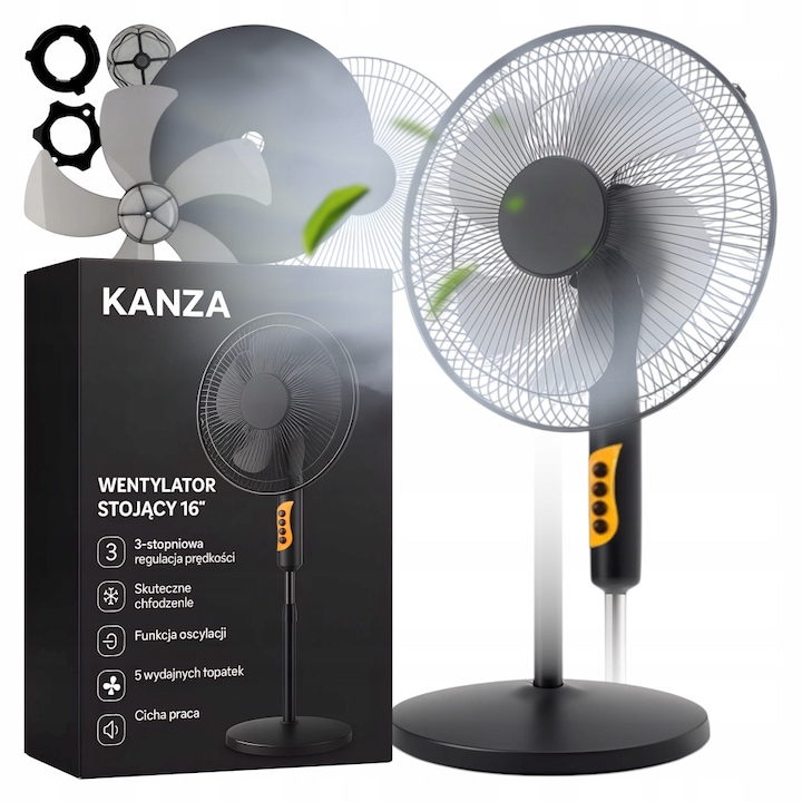 Set Ventilator De Podea Kanza 16” Cu 5 Palete, Kanza, Alimentare 220V, 50Hz, Putere 45W, Nivel De Zgomot 5055 Db, Lungime Cablu De Alimentare 1, 3 Metri, Inaltime Ajustabila De La 102 cm La 115 cm, Negru, 1 X Ventilator