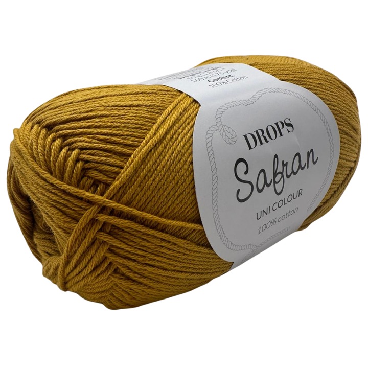 Fir de tricotat DROPS Safran – 100% bumbac egiptean pieptanat, certificat Oeko-Tex Clasa I, sigur pentru bebelusi si copii, culoare Galben Mustar