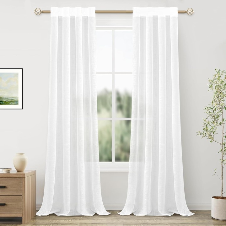 Комплект от 2 завеси MRTREES, 140 x 260 см, тип лен, полупрозрачни, с подгъв, бял цвят