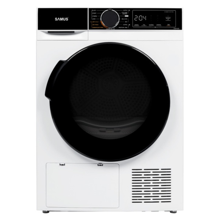 Samus SADP-835 szárítógép, 8 kg, Elektronikus kijelző, 15 program, D energiaosztály, Gyűrődésgátló, Gyermekzár, Késleltetett indítás, Fehér