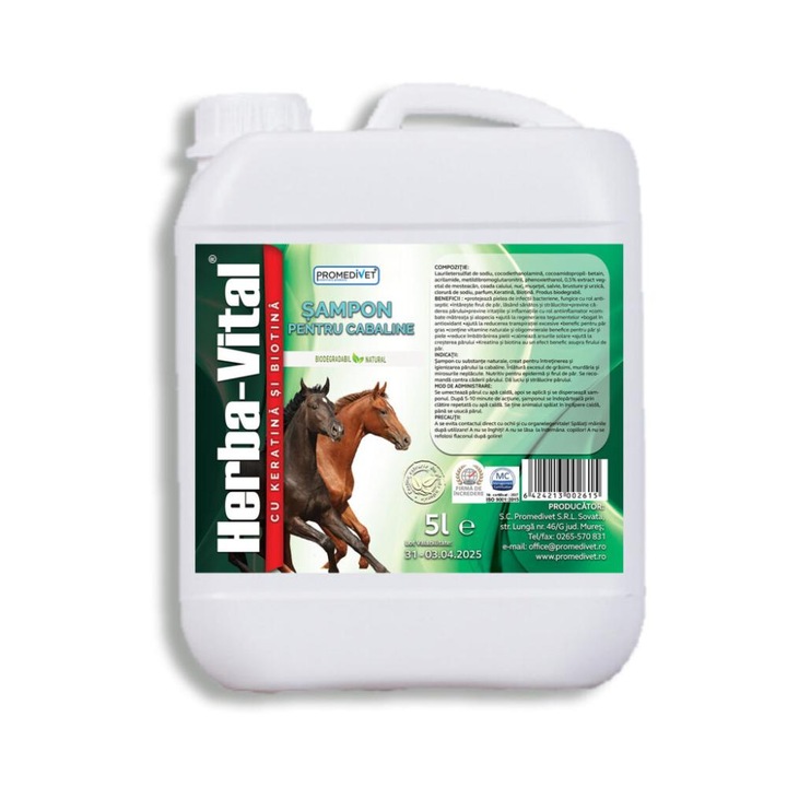 SAMPON HERBA-VITAL pentru CABALINE cu substante naturale si extract de plante HERBA- VITAL, creat special pentru intretinerea si igienizarea parului la cabaline, are un efect nutritiv pentru epiderma si firul de par. Da luciu si stralucire parului, 5L