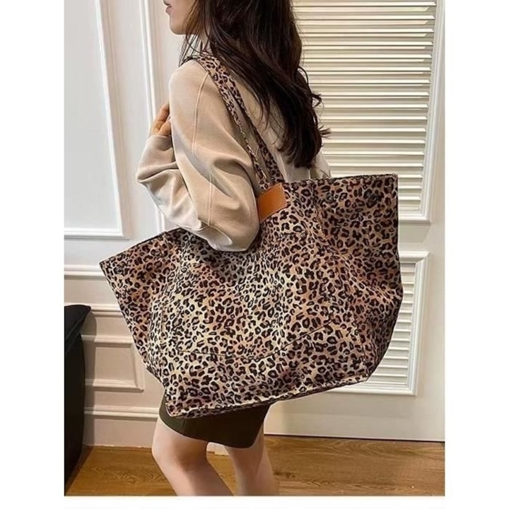 Geanta de umar din panza, vintage, leopard, capacitate mare, 46x19x29cm, XCRH