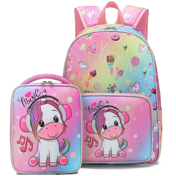 Set de 2 rucsacuri, rucsac cu doua umeri si geanta pentru pranz, respirabil, ultra-usor, din material Oxford, cu model unicorn, 30 x 14 x 43 cm, ROZ
