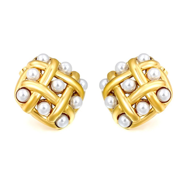 Cercei Patrati Aurii cu Perle, Design Impletit Stil Vintage, Bijuterii Elegante pentru Femei, Cadou Clasic Sofisticat, 23.4mm, auriu