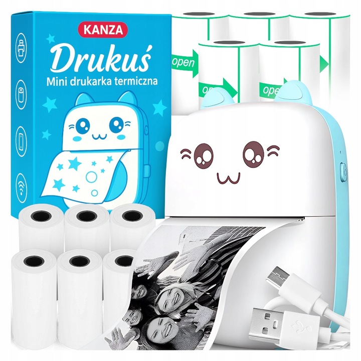 Set Imprimanta Termica Portabila Cu Role De Hartie, Kanza, C9, Tip Imprimare Termica Fara Cerneala Si Toner, Comunicare Bluetooth, Greutate 0.2 kg, Utilizare Etichete, Liste De Preturi, Autocolante, Dimensiuni 10.2 x 10, 8 x 10 cm, Albastru, 10 Role