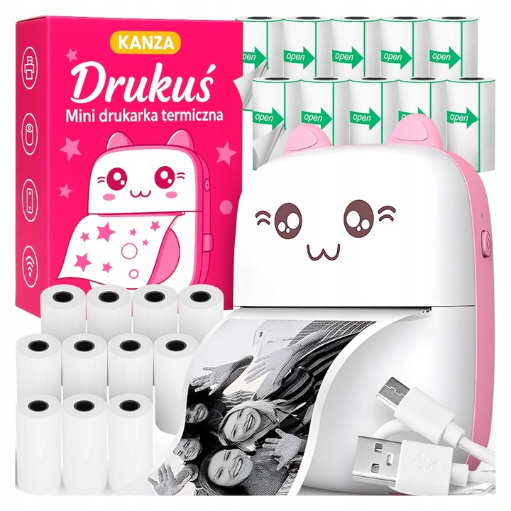 Set Imprimanta Termica Portabila Cu Role, Kanza, C9, Imprimare Fara Cerneala Si Toner Utilizeaza Hartie Termica, Dimensiune Compacta Se Incadreaza In Palma, Buzunar Sau Geanta, Imprimare Rapida Si Usoara A Etichetelor, 10.2 x 10, 8 x 10 cm, Roz, 20 Role