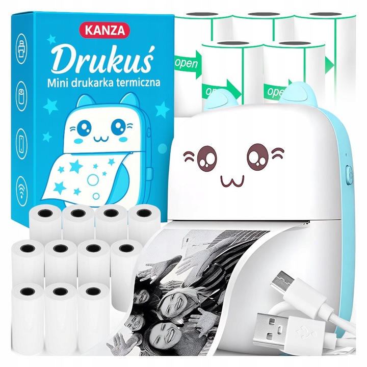 Set Imprimanta Termica Mini + 15 Role, Kanza, C9, Tip Imprimare Termica, Conectivitate Bluetooth, Greutate 0.2 kg, Utilizare Notite, Etichete, Autocolante, Grafice, Dimensiuni 10.2 x 10, 8 x 10 cm, Albastru, 15 Role