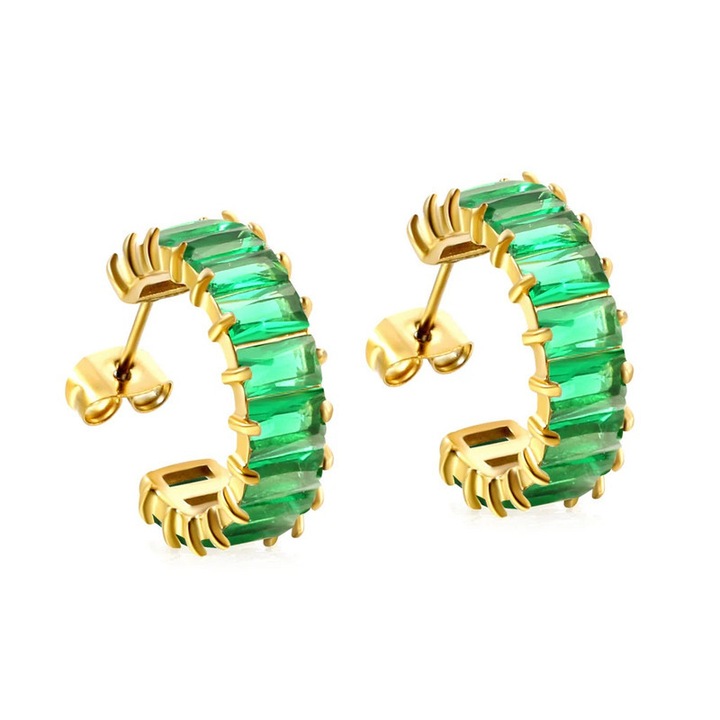 Cercei Semirotunzi Placati cu Aur, cu Zirconiu Verde Smarald Taietura Bagheta, Stil Art Deco, Bijuterii Elegante pentru Femei, Cadou de Lux, 6.8x21mm
