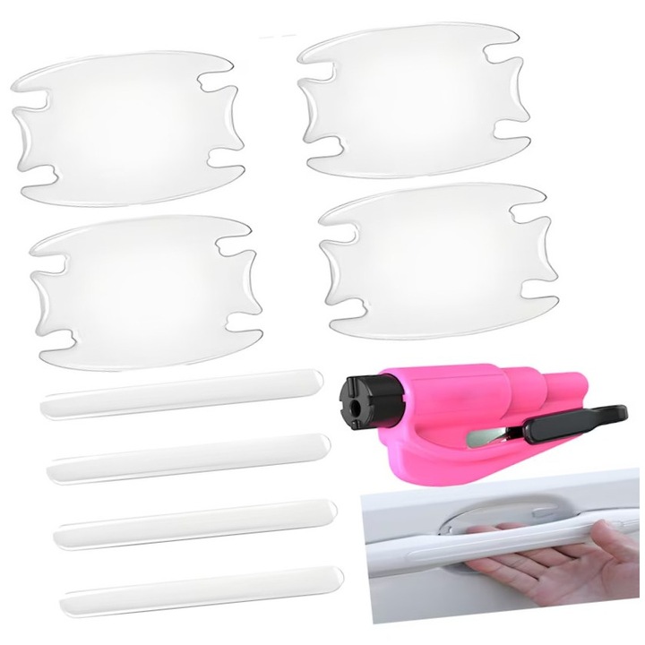 Set de 8 protectii auto pentru usi si portbagaj, transparent, silicon, protectie maner usa auto, Rezistent la zgarieturi, Rezistent la apa, Compatibil universal, Durabilitate mare, Fibra de carbon Ciocan roz pentru spargerea geamurilor, ABS+carbon Otel