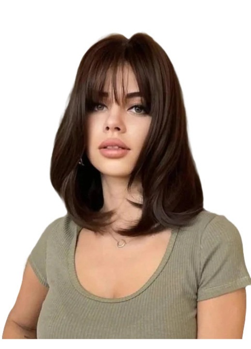 Тъмнокафява перука, дълга, рехава прическа боб с бретон PER117-8888