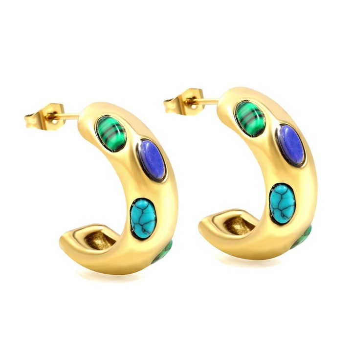 Cercei Semirotunzi Placati cu Aur, cu Malachit, Lapis Lazuli si Turcoaz, Stil Vintage Bohemian, Bijuterii Statement pentru Femei, Cadou Unic si Colorat, 4x7.4x22mm