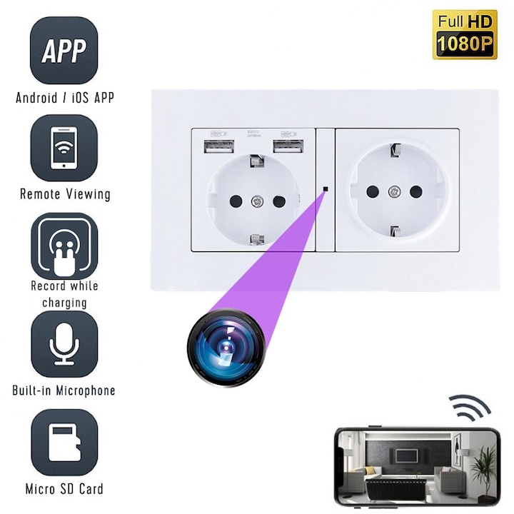 Шпионска камера, WiFi, EUC2 скрита в двоен контакт, Full HD, 5MP, Аудио-видео запис, Детектор на движение, С мобилно приложение, Бяла