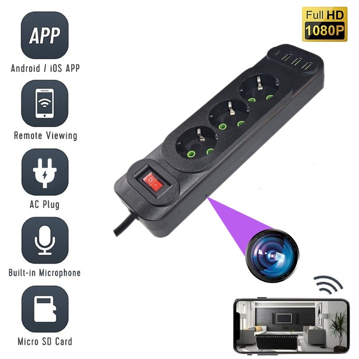 Шпионска камера, WiFi, WSC-B скрита в удължителен кабел, 3x гнезда, 3x USB, 1x Type C, Аудио-видео запис, Full HD, Детектор на движение, С приложение Live