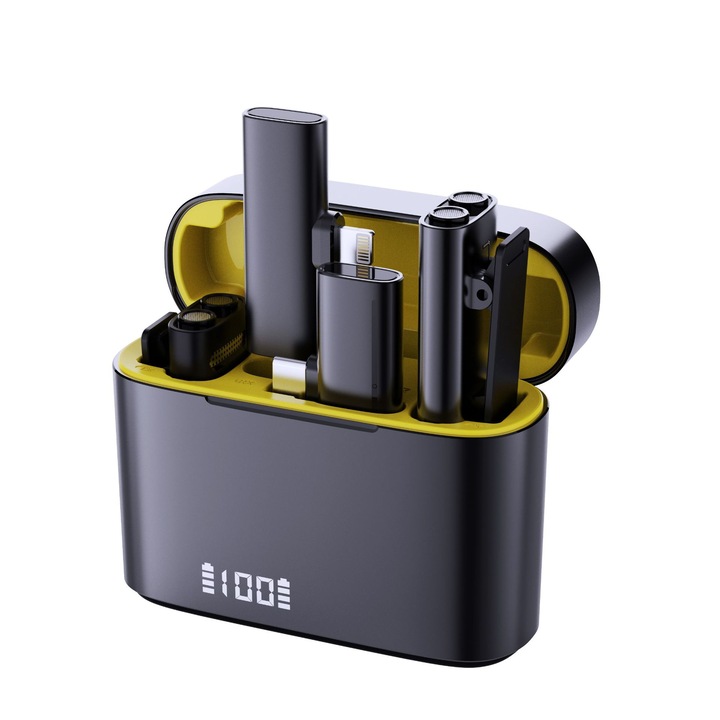 Microfon lavaliera wireless, Tip-C, Lightning, 2 in 1, solutie Actions, reducere inteligenta a zgomotului, calitate a sunetului HIFI, compatibilitate larga, compact si portabil, galben