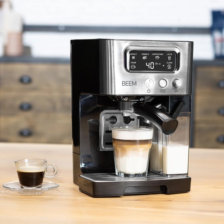 Espressor semiautomat BEEM, Espresso Latte, compatibil cu cafea macinata, pompa profesionala 15 bari, sistem de incalzire Thermo-Block, recipient spumare lapte, display digital, intuitiv, usor de utilizat, ergonomic, accesorii incluse, argintiu