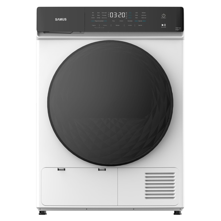 Сушилня Samus SWDP-918, 8 кг, Тип сушене: термопомпа, 18 програми, Енергиен клас E, против намачкване, заключване за деца, Бял