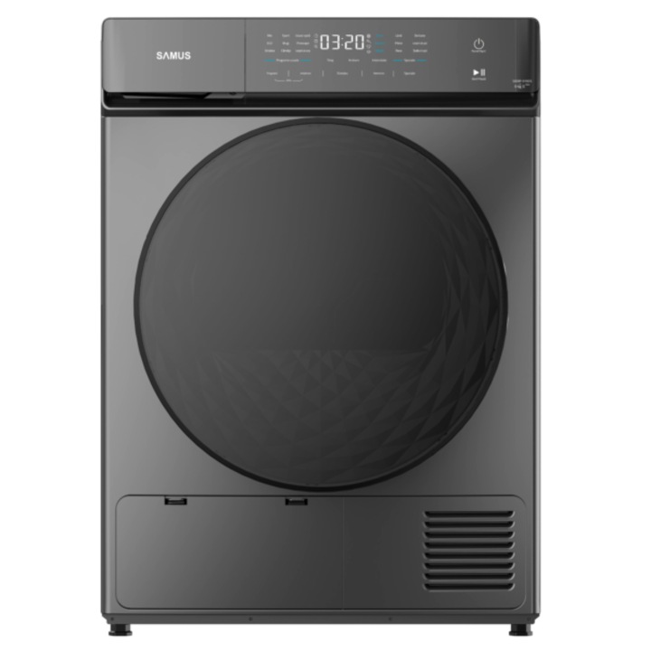 Сушилня Samus SWDP-919DS, 8 кг, Тип на сушене: термопомпа. 18 програми, енергиен клас E, против намачкване, заключване за деца, тъмносив