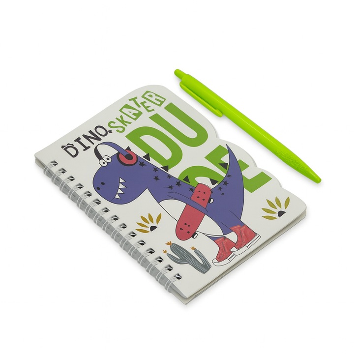 Caiet spiralat A5, Dinozaur, copertă cartonată, foi dictando, cu pix colorat, verde/albastru