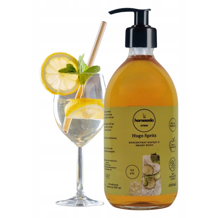 Sirop concentrat fără zahăr HomeSoda Hugo Spritz, 0.5l, aromă de flori de soc și lime