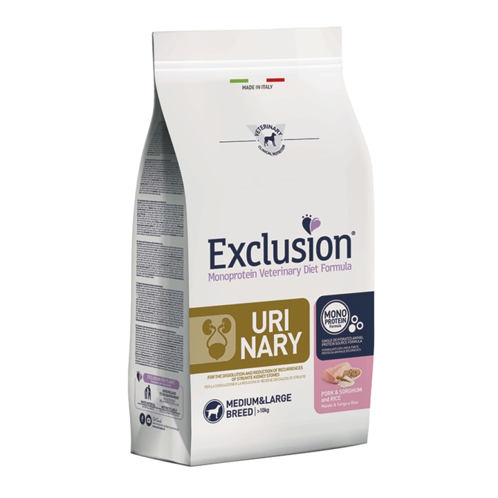 Hrana monoproteica uscata pentru caini Exclusion, Medium-Large, Urinary, Porc&Sorg si Orez, 12kg