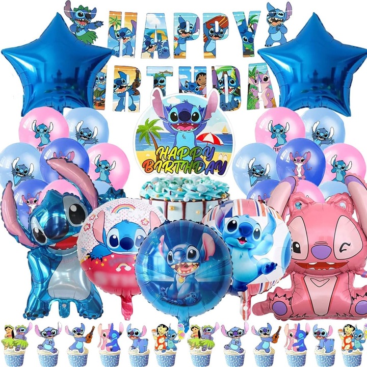 Accesorii pentru petrecere Stitch, Decor de ziua de nastere Stitch pentru baieti, inclusiv banner Happy Birthday, baloane, serpentine, decor pentru tort si autocolante