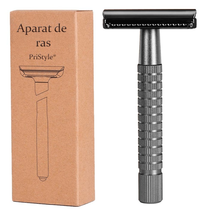 Класическа самобръсначка, първокласен метален дизайн, текстурирана противоплъзгаща дръжка, прецизно и комфортно бръснене без раздразнение, издръжлива и елегантна, черна, Pristyle®