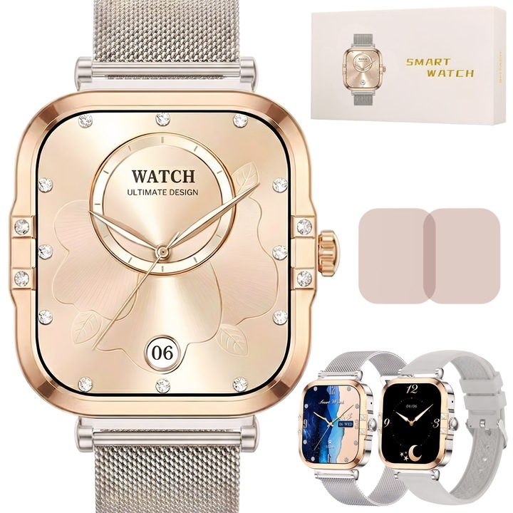 Ceas smartwatch dama Wingereich premium, aliaj de lux, inteligent, Amoled, fitness, sport, functii smart, rezistent apa, ritm cardiac, numarat pasi, notificari, wireless, apelare Bluetooth, microfon HD, monitorizare somn, argintiu