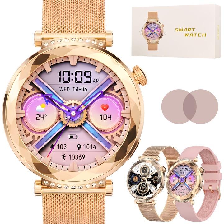 Ceas smartwatch dama Wingereich® premium, aliaj de lux, inteligent, Amoled, fitness, sport, functii smart, rezistent apa, ritm cardiac, numarat pasi, notificari, wireless, apelare Bluetooth, microfon HD, monitorizare somn, 2 bratari incluse, auriu