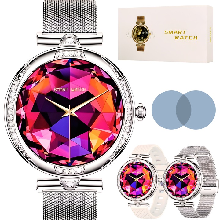 Ceas smartwatch dama, Wingereich® premium, aliaj de lux, inteligent, Amoled, fitness, sport, functii smart, rezistent apa, ritm cardiac, numarat pasi, notificari, wireless, apelare Bluetooth, microfon HD, monitorizare somn, 2 bratari incluse, argintiu