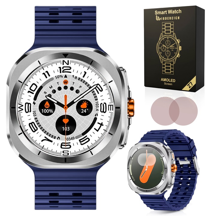 Ceas smartwatch barbati, Wingereich, aliaj, inteligent, Amoled, fitness, sport, functii smart, rezistent apa, ritm cardiac, numarat pasi, notificari, wireless, Bluetooth, microfon HD, monitorizare somn, 2 bratari incluse, albastru