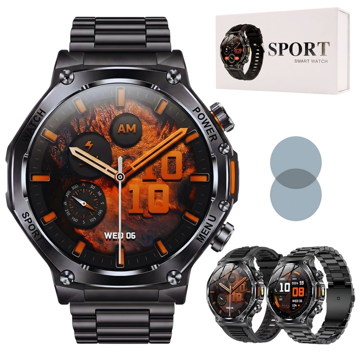 Ceas smartwatch barbati premium Wingereich, aliaj metalic, ecran 1.8 inci HD rezolutie 390x390, apeluri Bluetooth 5.2, baterie 800 mAh, monitorizare ritm cardiac si SpO2, peste 100 de moduri sport, lanterna, numarat pasi, monitorizare somn, negru