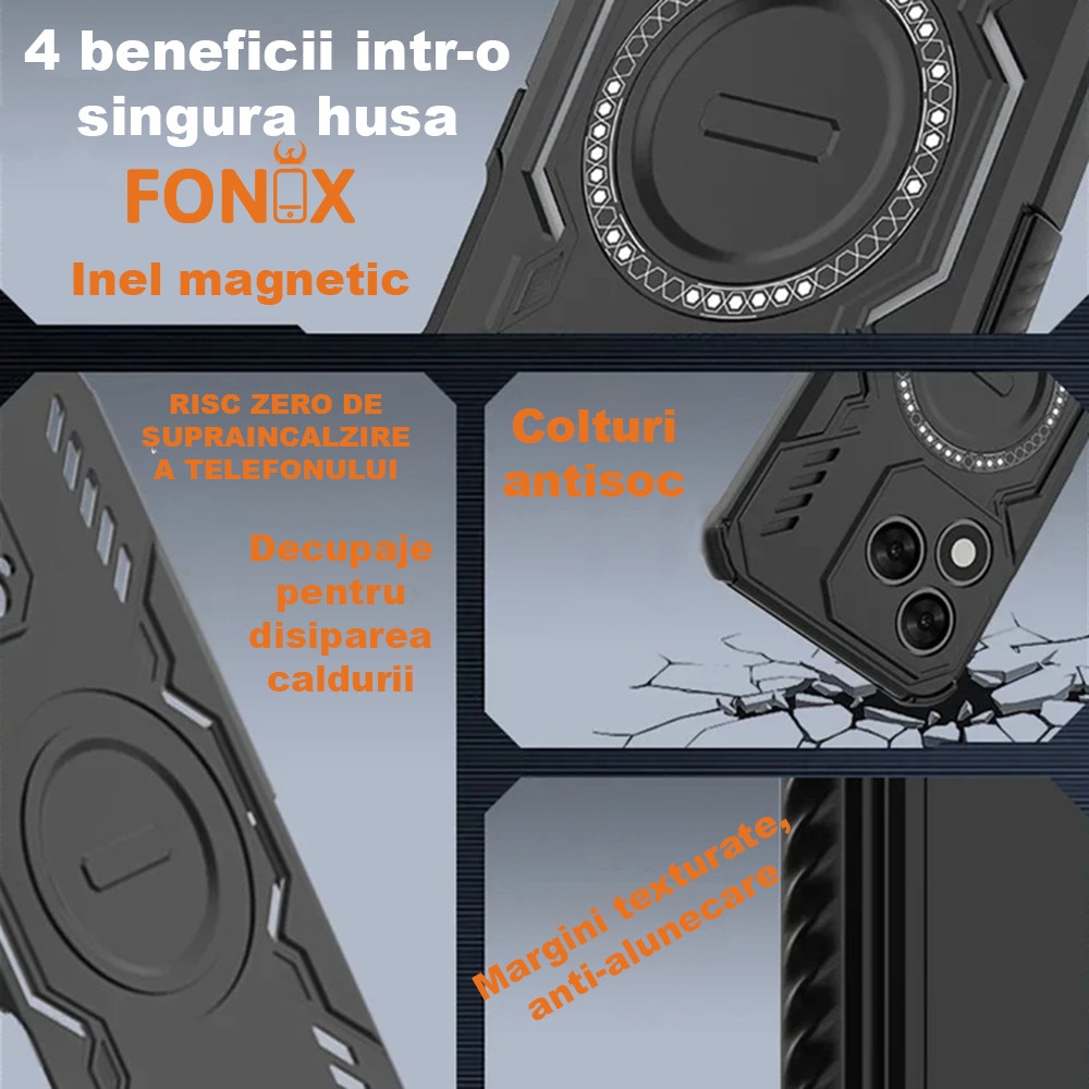 Husa MaxTitan pentru Honor 400, Compatibila cu tehnologia de tip MagSafe, Colturi antisoc, Margini texturare anti-alunecare, Design care permite disiparea caldurii, Previne supraincalzirea telefonului, Negru