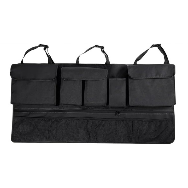 Többfunkciós autós csomagtartó rendező, nagy zsebekkel, fekete, 107x52cm, összecsukható, könnyen telepíthető