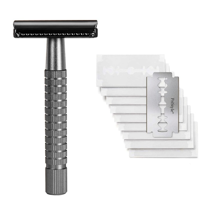 Set Aparat de Ras Clasic, Design Metalic Premium, Maner Texturat Anti-Alunecare si 10 Lame de Schimb, Ras de Precizie si Confort Fara Iritatii, Durabil si Elegant, Negru, Pristyle®