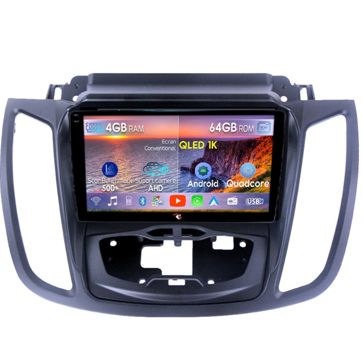 Dedikált navigáció Ford Kuga 2 2012 - 2019, 4 GB RAM 64 GB ROM, Octacore, Android 14, QLED 1K kijelző 9", DSP, Carplay és Android Auto, AHD kamera támogatás, 4G SIM